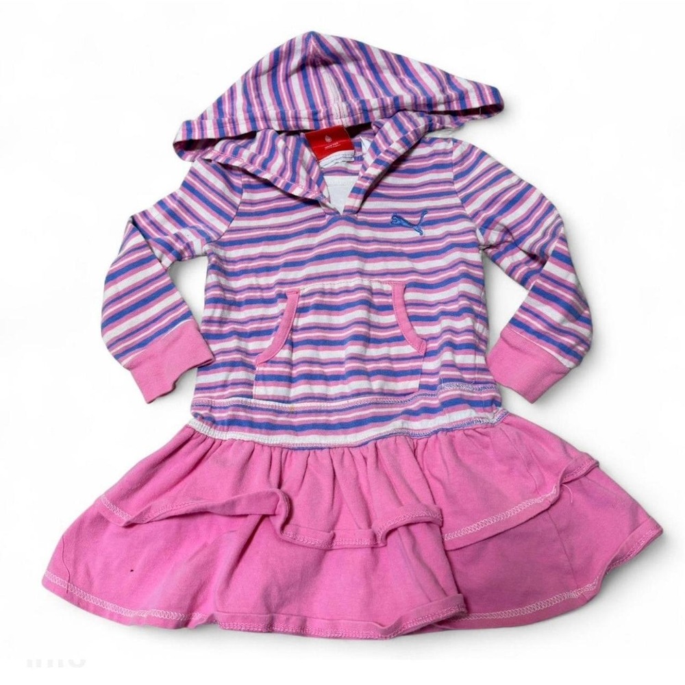 Y2K Puma Sport Lifestyle Girls 2T Pink Striped Hooded Ruffle Dress Hoodie